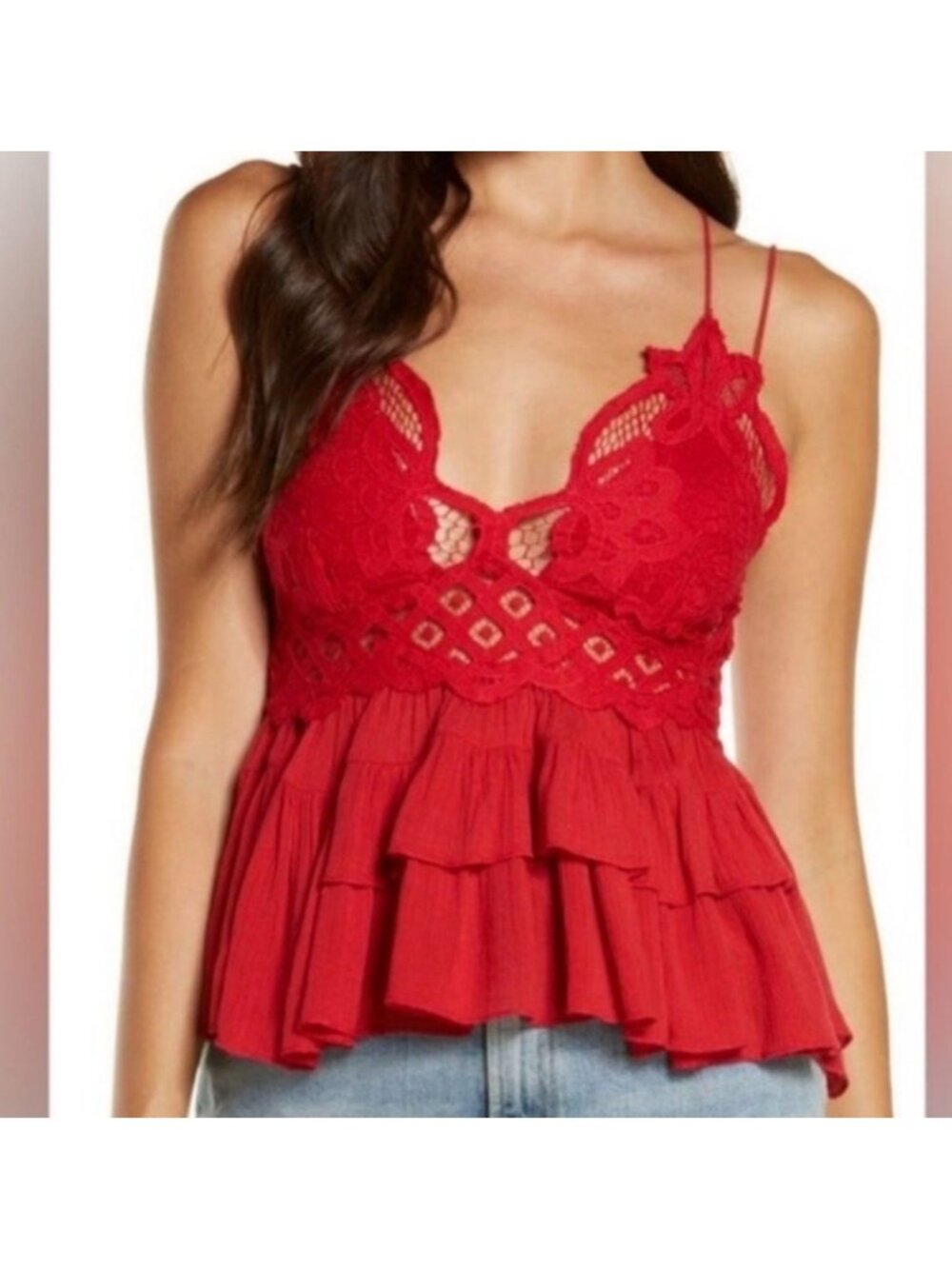Free People one Red Adella Lace Ruffled Peplum Cami Top Size Small Boho Festival